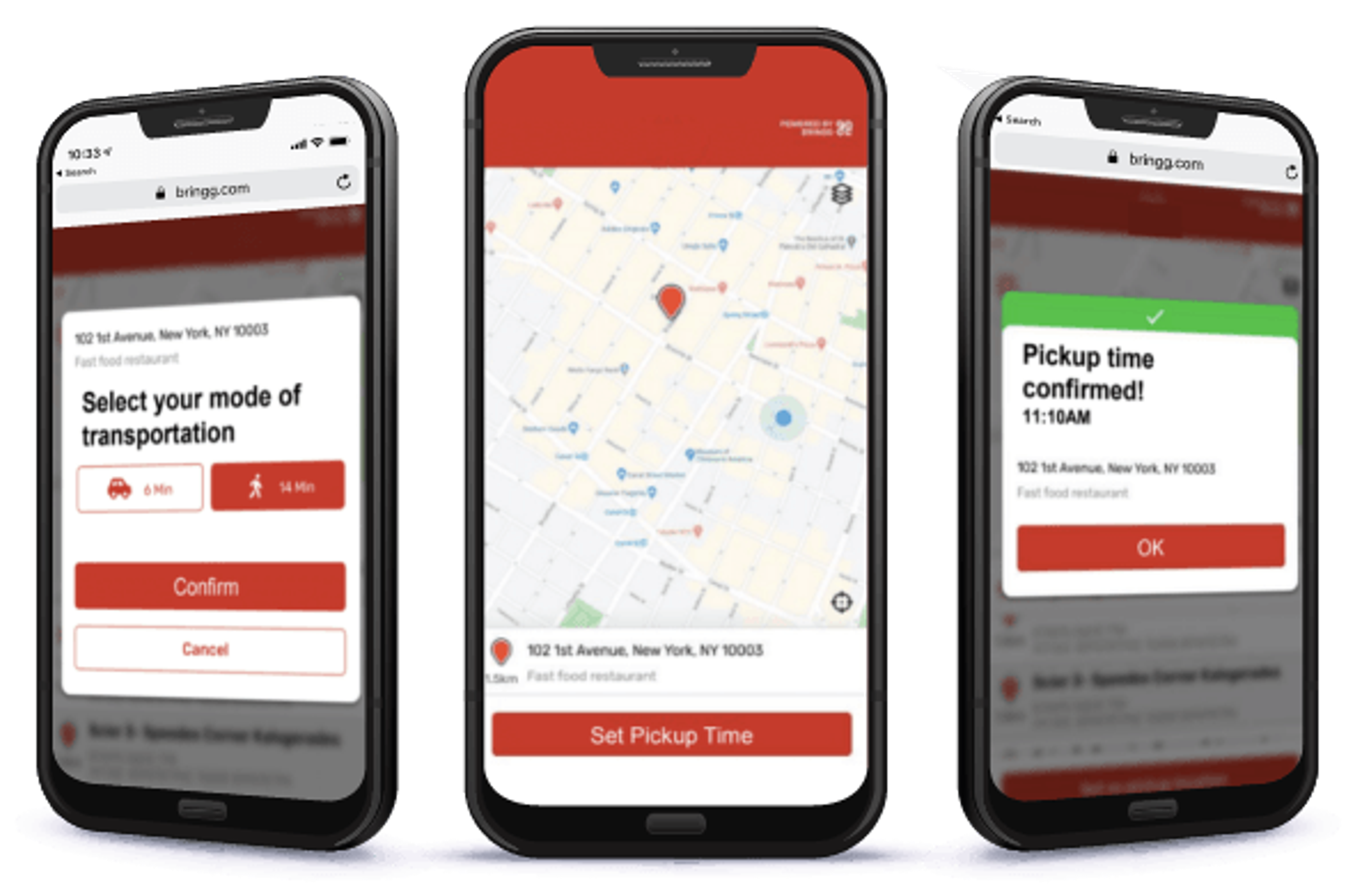 Three phones showing curbside pickup: choose how you travel, set a pickup time on a map, pickup time confirmed for 11:10 AM