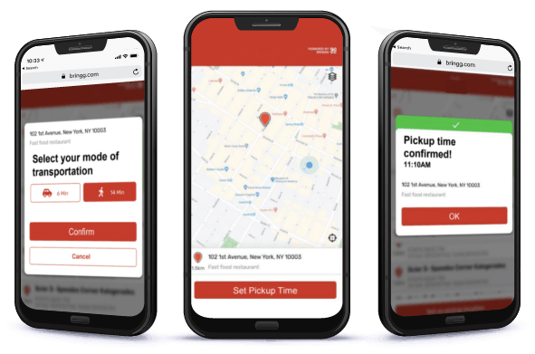 Three phones showing curbside pickup: choose how you travel, set a pickup time on a map, pickup time confirmed for 11:10 AM