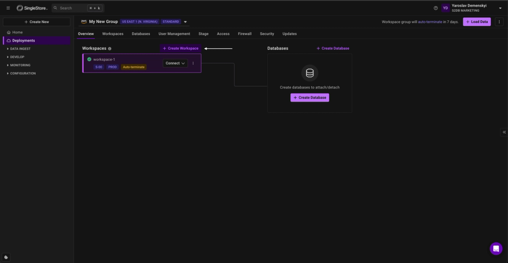 SingleStore deployment interface with a white arrow pointing to the 'Create Workspace' button, guiding users to launch a new workspace for database operations.