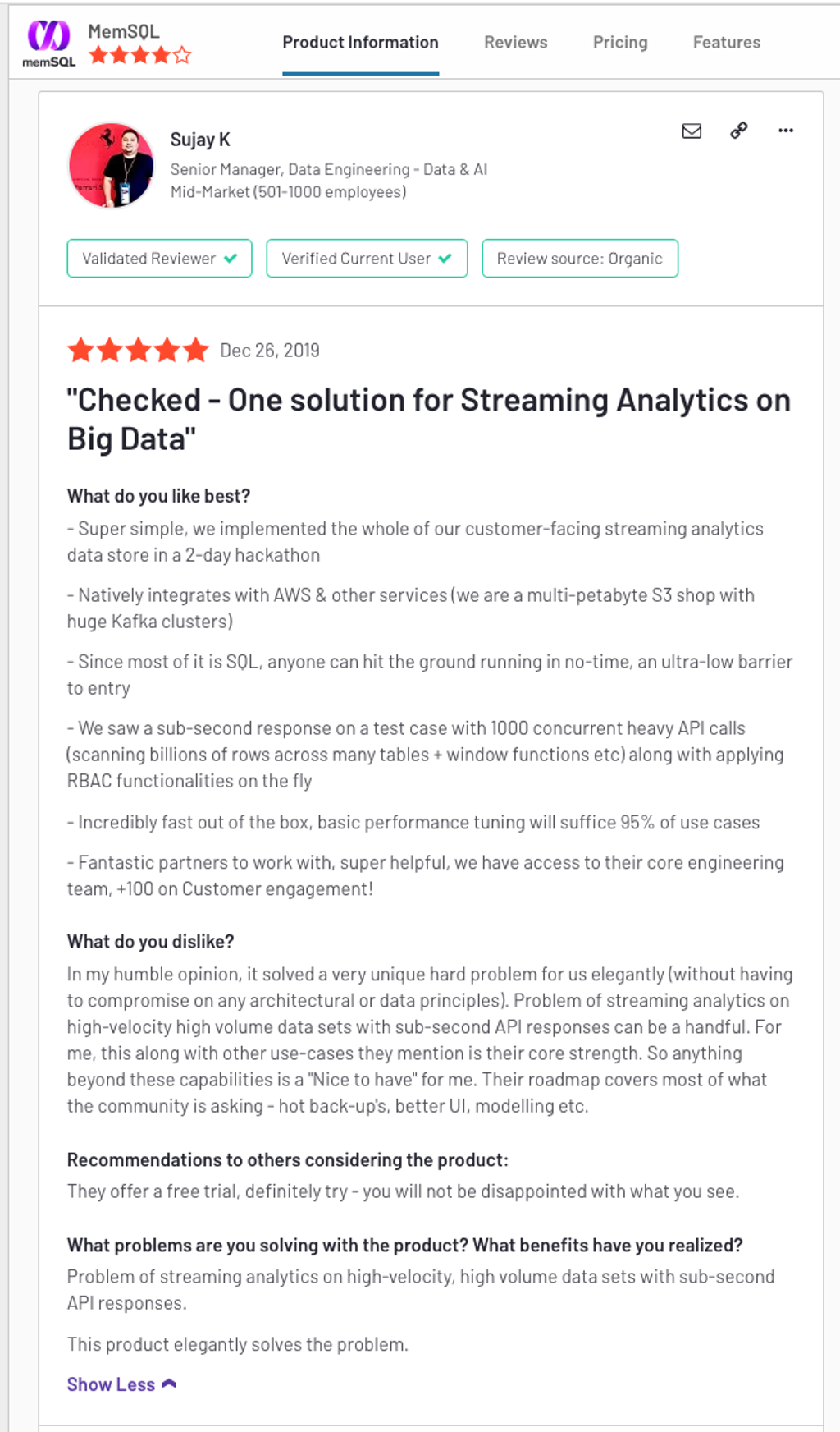 A senior data engineering manager sums up many users' comments in a five-star review, one day after Christmas.