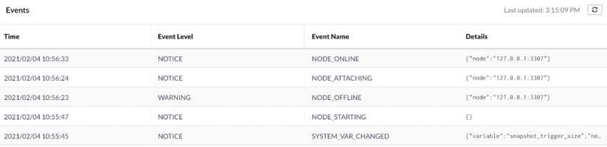 Events page shows changes and log hints.