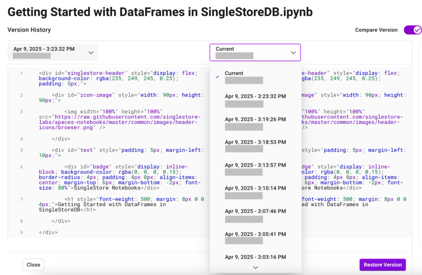 An image that shows the "Compare Versions" toggle selected, and the Notebook version dropdown being used to compare two Notebook versions.
