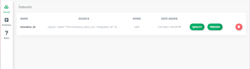 Screenshot from MindsDB Datasets page after SingleStore has been added as a dataset.