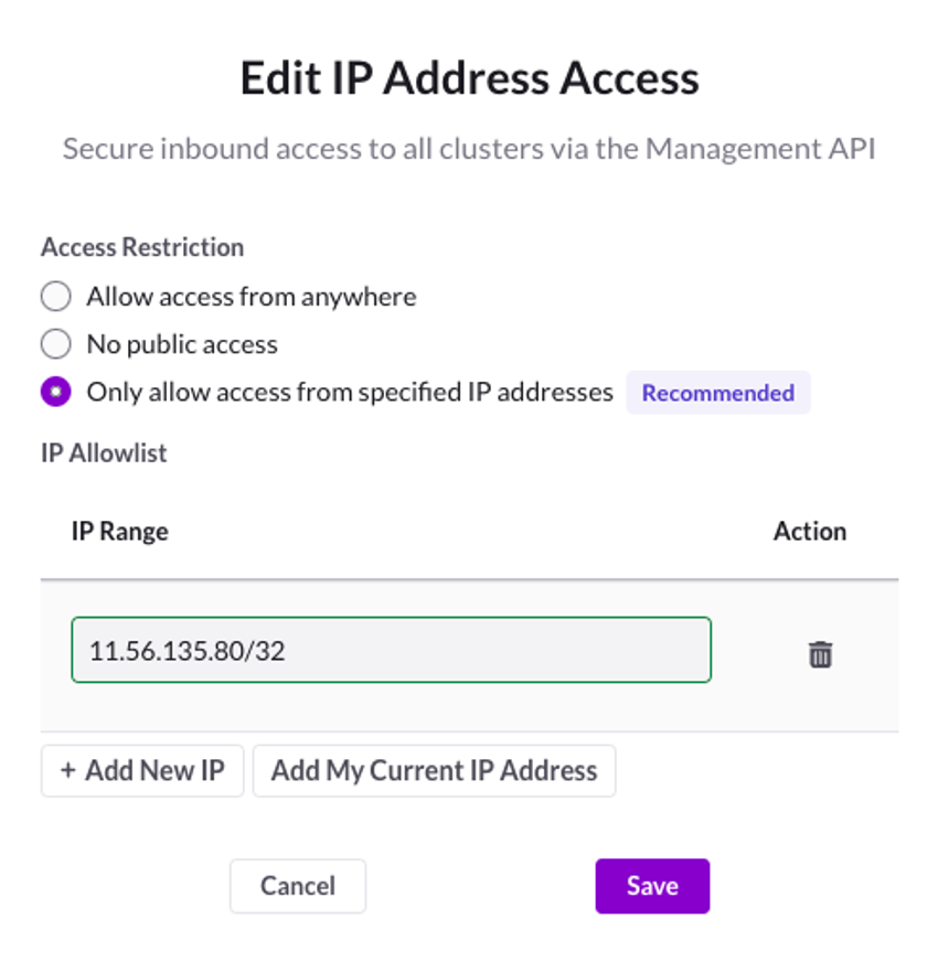 A dialog box for editing IP Address Access.