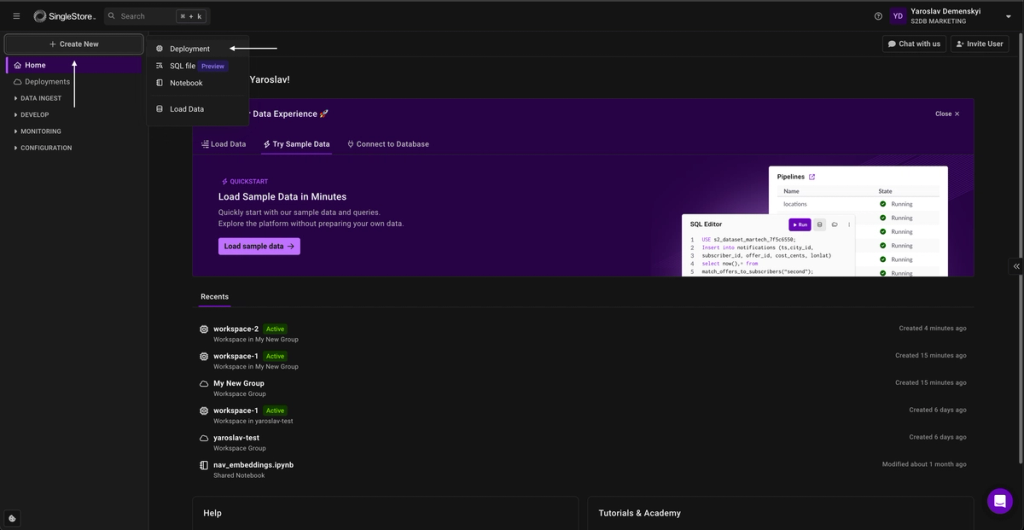 SingleStore dashboard showing how to create a new deployment, with a white arrow highlighting the 'Deployment' option under the '+ Create New' menu.