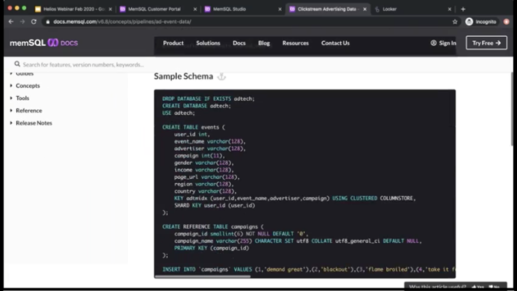 Borrowing sample schema from SingleStore Docs