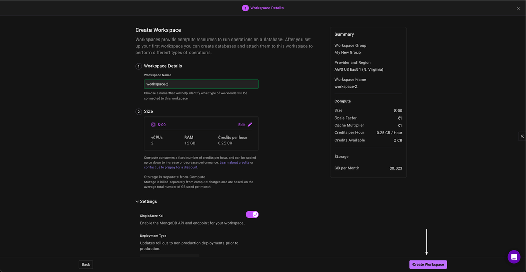 SingleStore workspace creation screen with workspace name, compute size, and settings configured, and a white arrow highlighting the 'Create Workspace' button to finalize the setup.