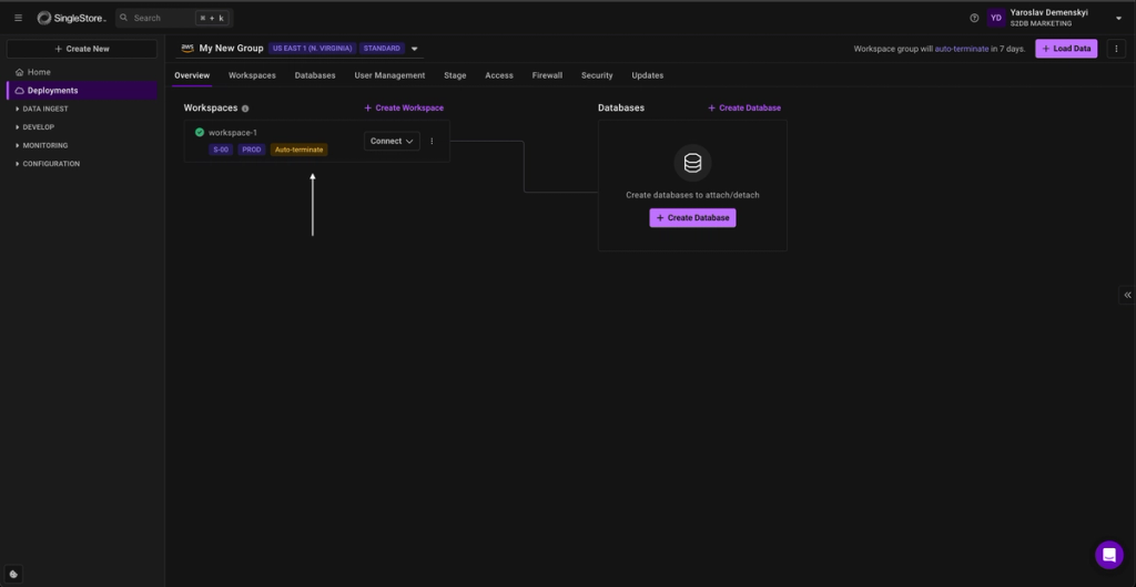 SingleStore deployment overview showing the successfully created and active workspace named 'workspace-1', highlighted with a white arrow pointing to its 'Auto-terminate' status badge.