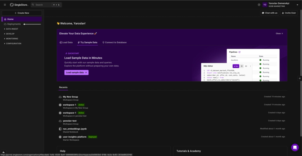 SingleStore dashboard welcome screen showing recent workspaces and a white arrow pointing to the 'Deployments' tab in the sidebar, guiding users to manage or view cloud database deployments.