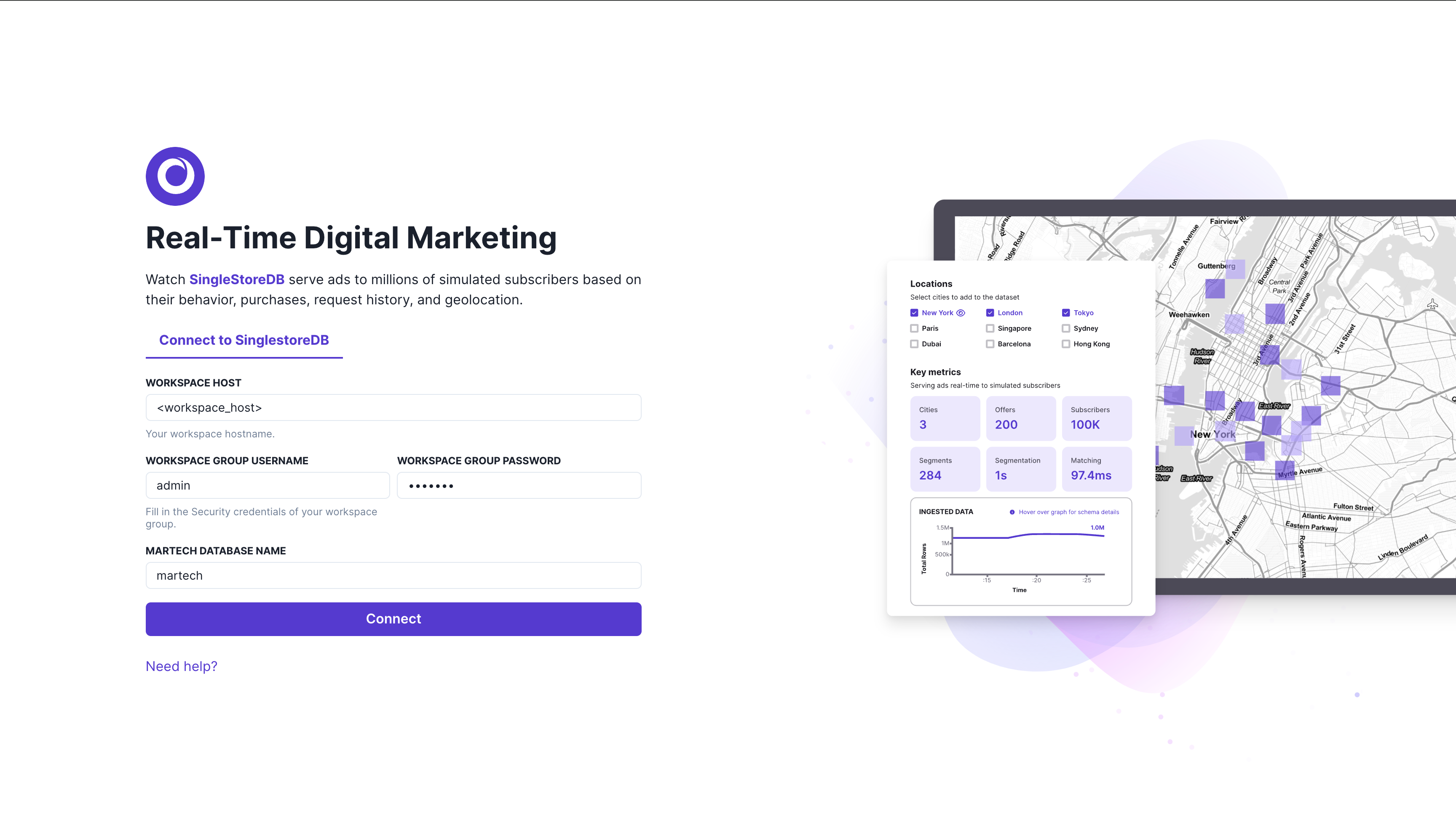 A connection configuration page of real time digital marketing for martech analytics application.