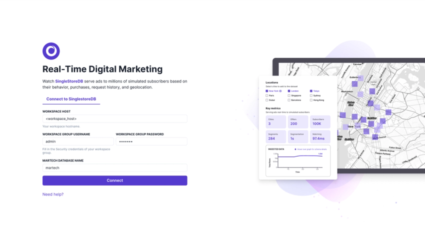 A connection configuration page of real time digital marketing for martech analytics application.