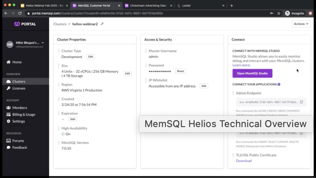 Displaying cluster properties in the SingleStore Portal
