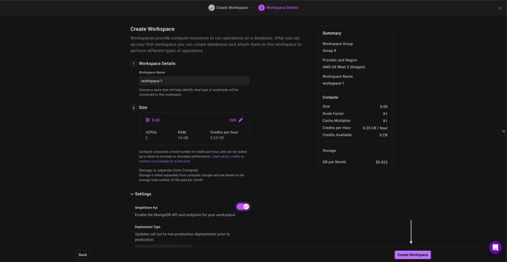 Final step of creating a workspace in SingleStore, showing configuration of workspace name, compute size, and settings, with a white arrow pointing to the 'Create Workspace' button at the bottom.