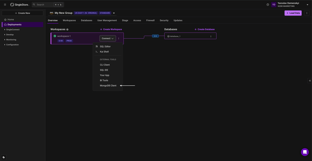 SingleStore deployment interface showing workspace connection options, with a white arrow highlighting the 'MongoDB Client' option from the Connect dropdown to access credentials and begin querying the database.