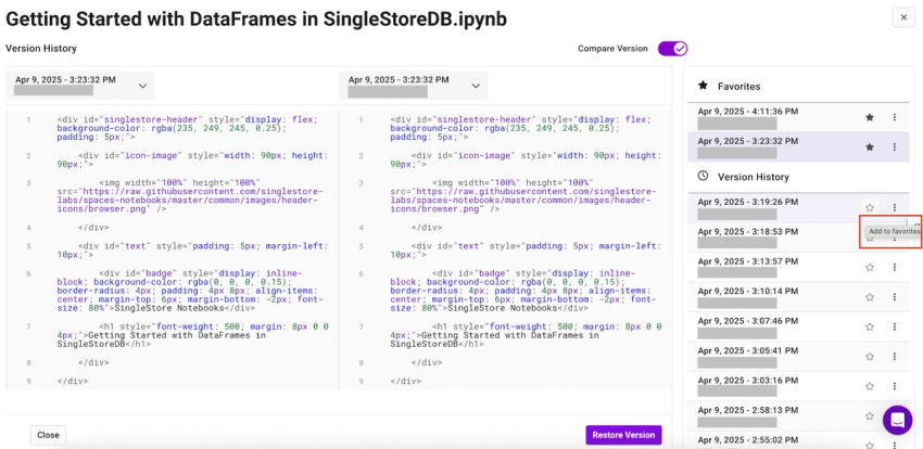 An image that show how to add a Notebook version to your favorites.