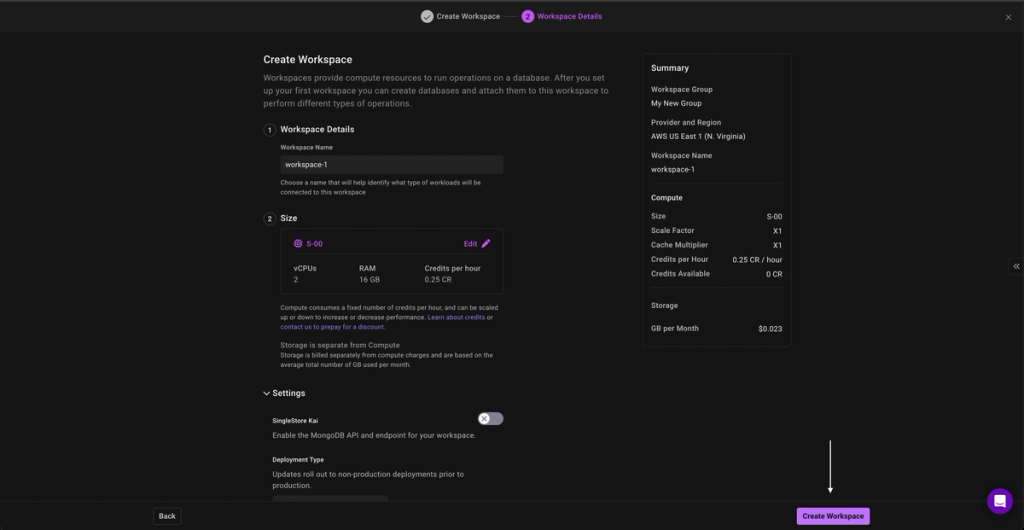 Final step of creating a workspace in SingleStore, showing configuration of workspace name, compute size, and settings, with a white arrow pointing to the 'Create Workspace' button at the bottom.