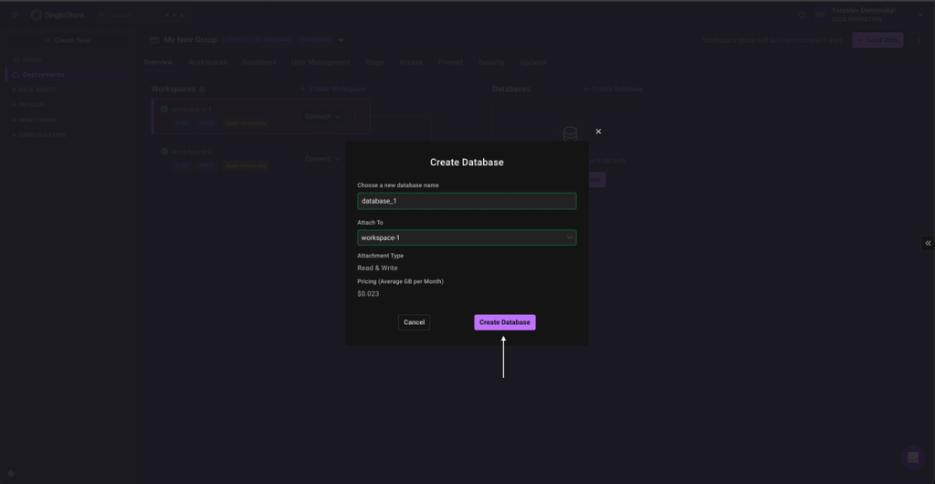 SingleStore modal window for creating a new database, with fields for database name and workspace selection, and a white arrow pointing to the 'Create Database' button to confirm the setup.