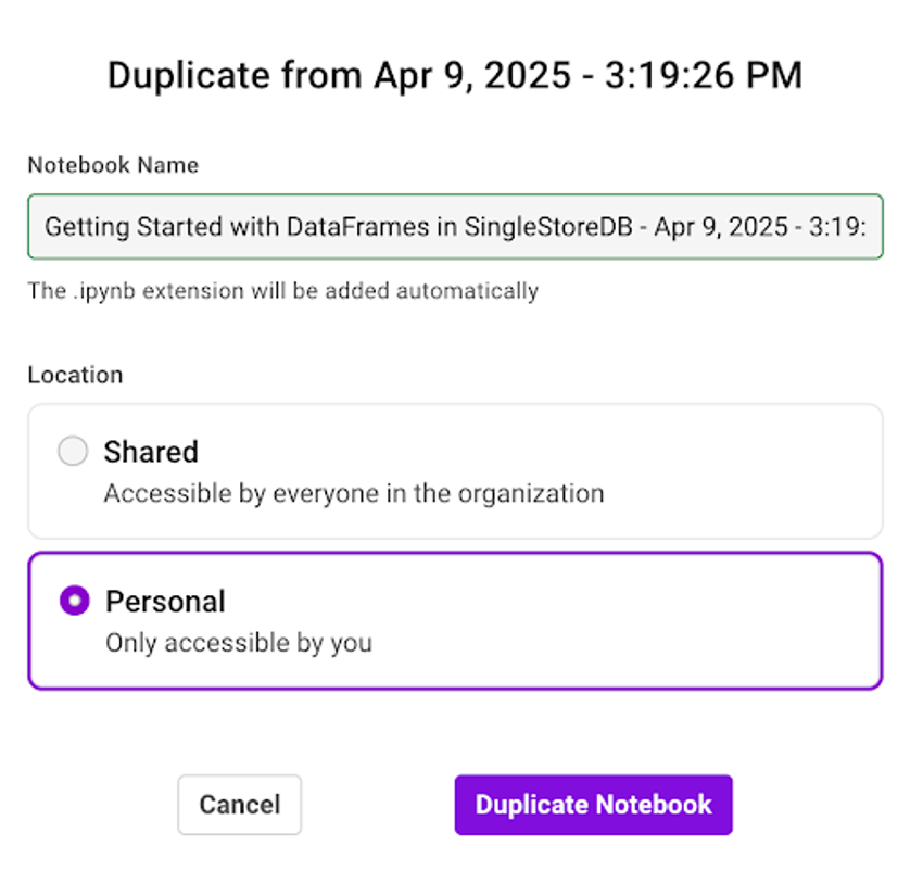An image that shows how to duplicate a Notebook using the "Duplicate Notebook" button.