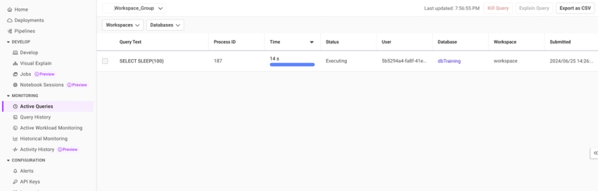 An example of running query text on Active Queries page to troubleshoot long-running queries.