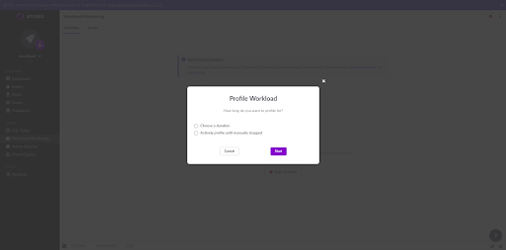 screenshot of workload monitoring real-time recording options
