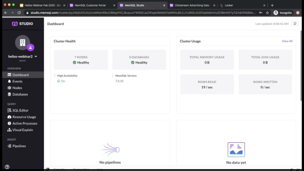 Showing cluster health and usage in SingleStore Studio