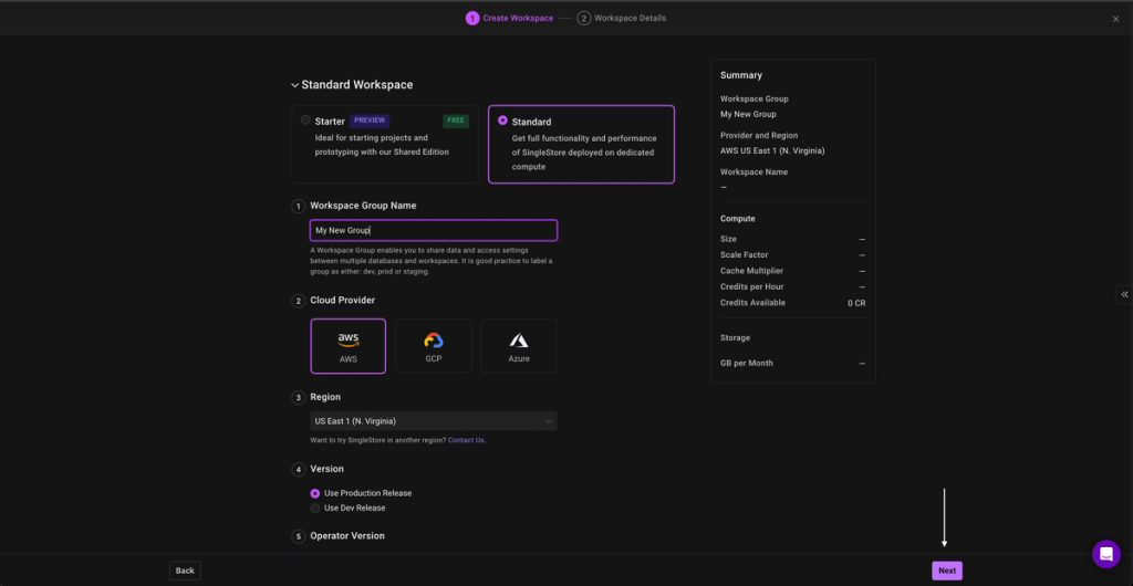 SingleStore interface for creating a new deployment workspace, highlighting the 'Next' button at the bottom with a white arrow to proceed after selecting the workspace group name, cloud provider, region, and version.