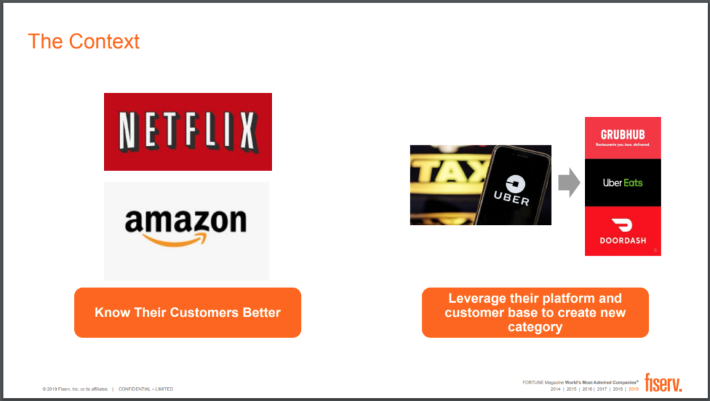 Netflix, Amazon: know their customers better. Uber, Grubhub, Doordash: Leverage their platform and customer base to create new category.