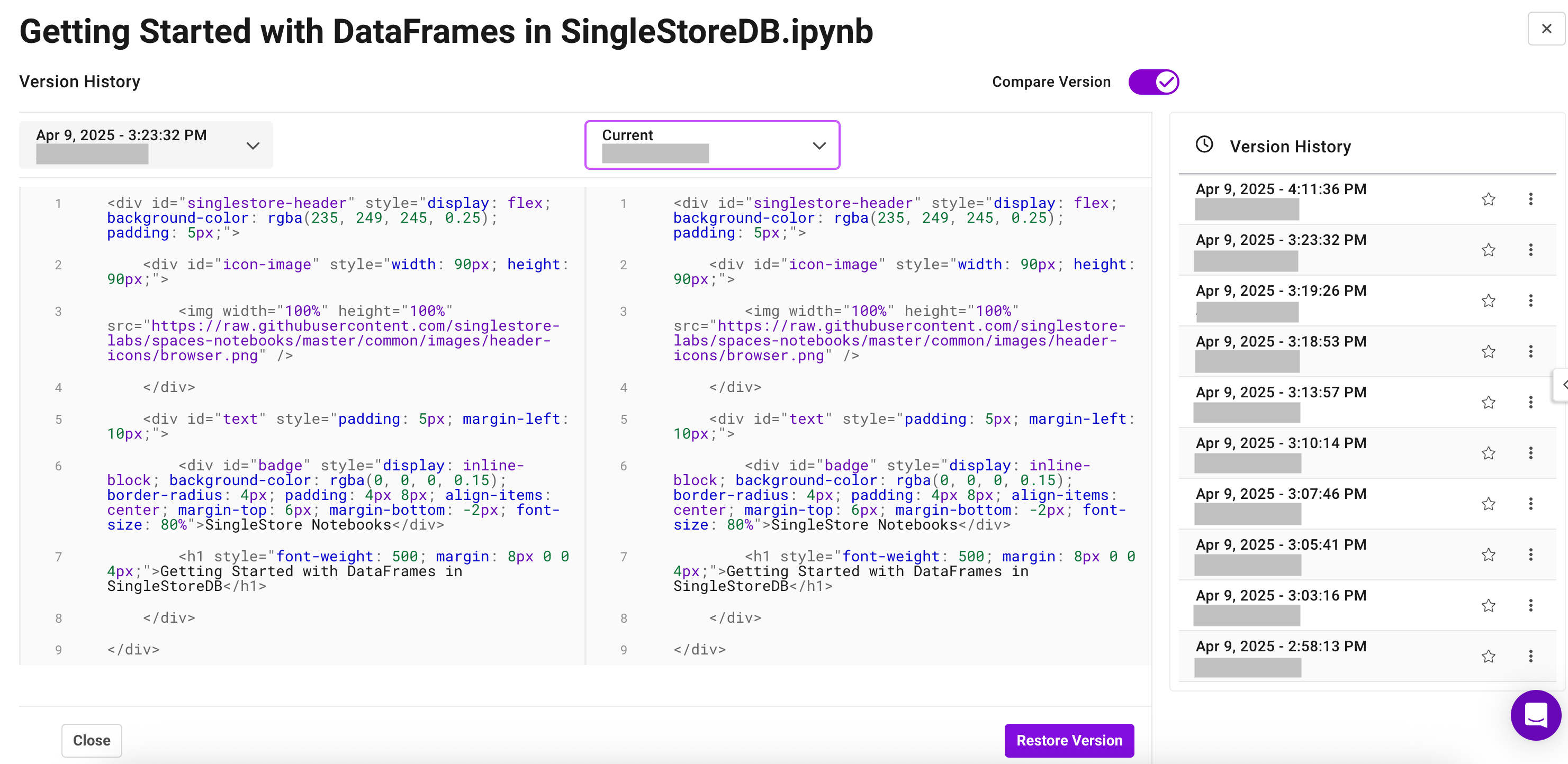 An image that shows the Version History pane, which lists saved Notebook versions.