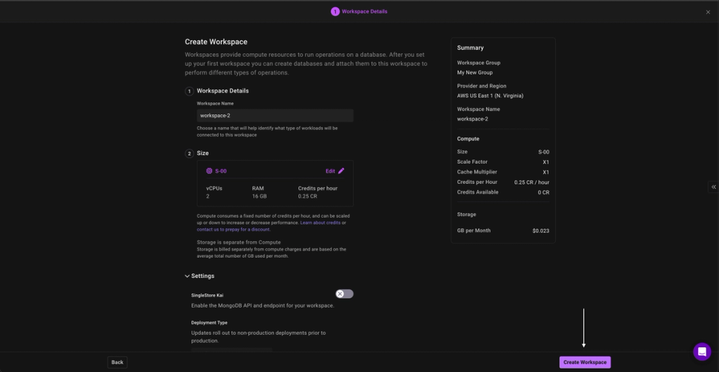 SingleStore workspace creation screen with workspace name, compute size, and settings configured, and a white arrow highlighting the 'Create Workspace' button to finalize the setup.