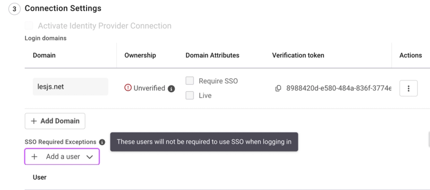 A dialog box appears when an identity provider is added, connection settings can be configured.