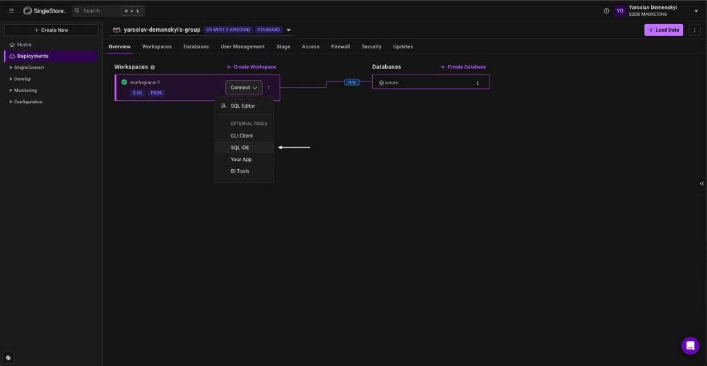 SingleStore dashboard welcome screen showing recent workspaces and a white arrow pointing to the 'Deployments' tab in the sidebar, guiding users to manage or view cloud database deployments.
