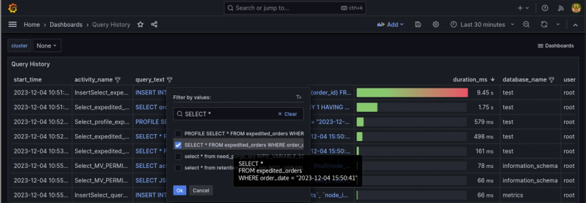 A screenshot of a filter being applied to the Query History dashboard.