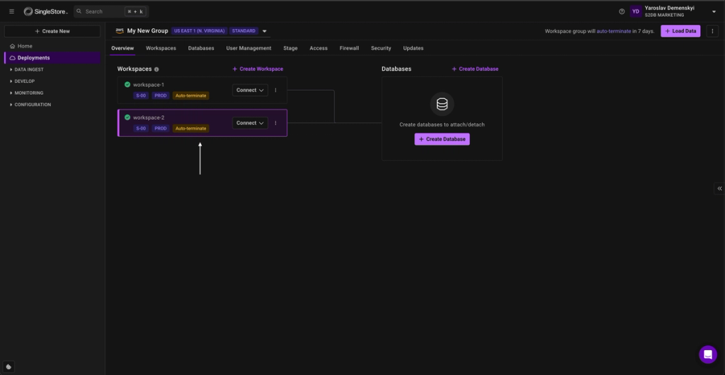 SingleStore deployment overview showing two active workspaces, with a white arrow pointing to the newly created 'workspace-2' marked as 'Auto-terminate' and ready for connection.