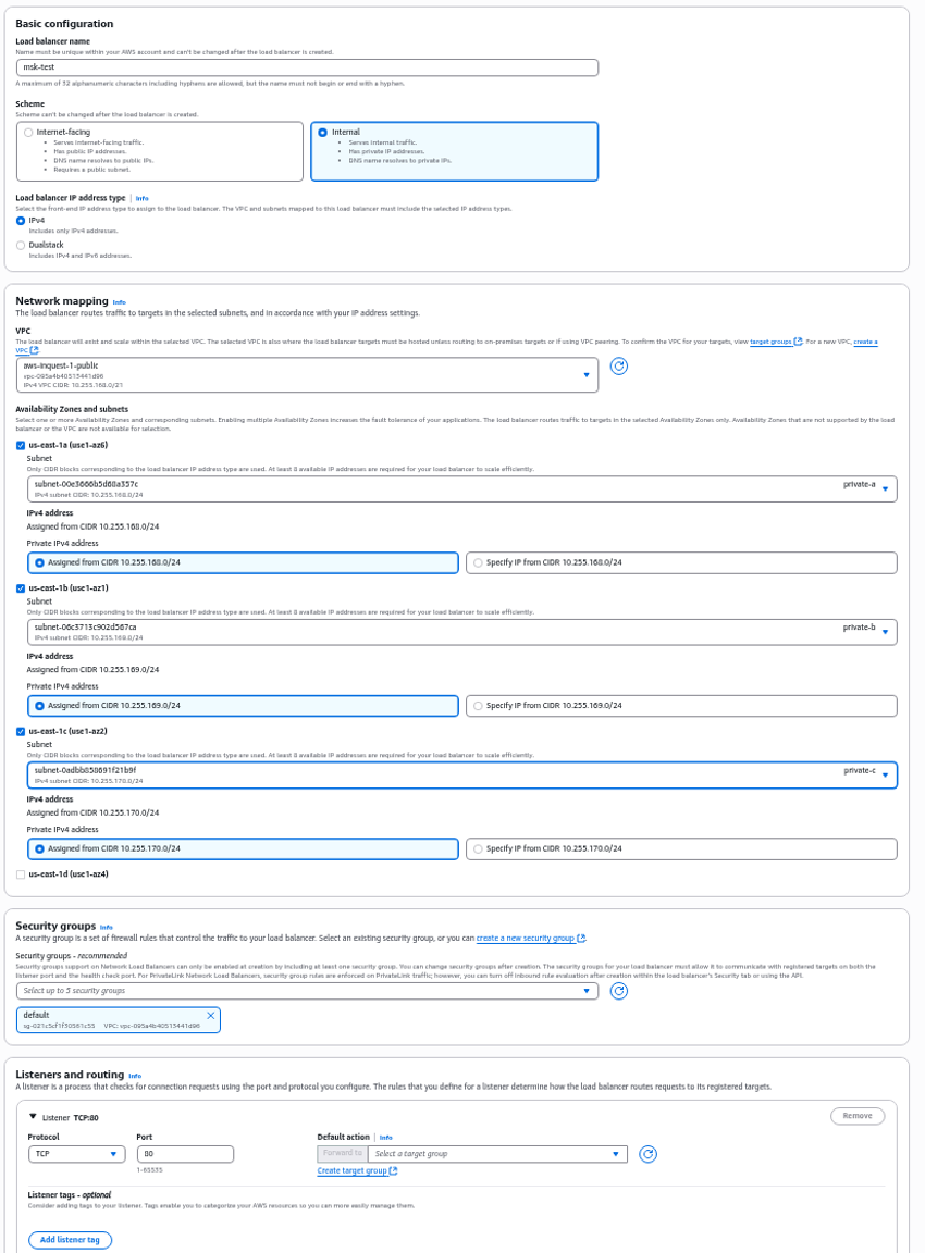 AWS Console showing internal IPv4 load balancer setup named "mlsk-test" in VPC with private IPs assigned across three subnets, default security group selected, and a TCP listener on port 80 configured to forward to a target group.