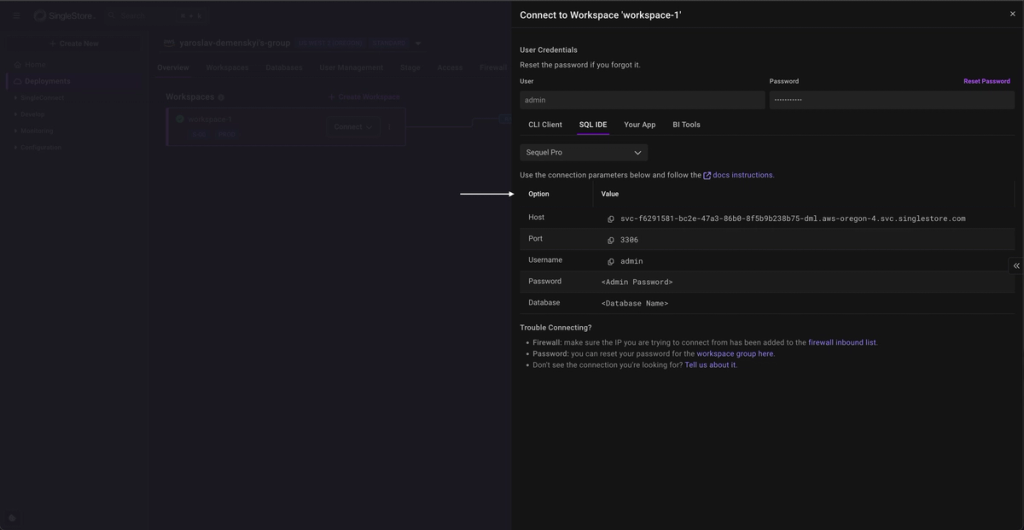 SingleStore deployment overview highlighting the dropdown menu for selecting a workspace group, with a white arrow pointing to the deployment selection bar at the top.