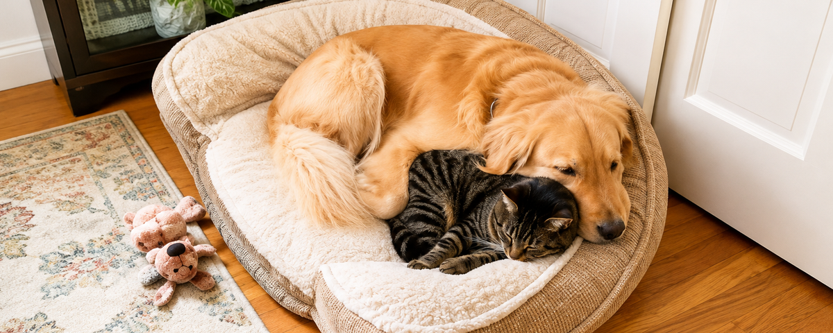 Person sitting with both a cat and a dog
