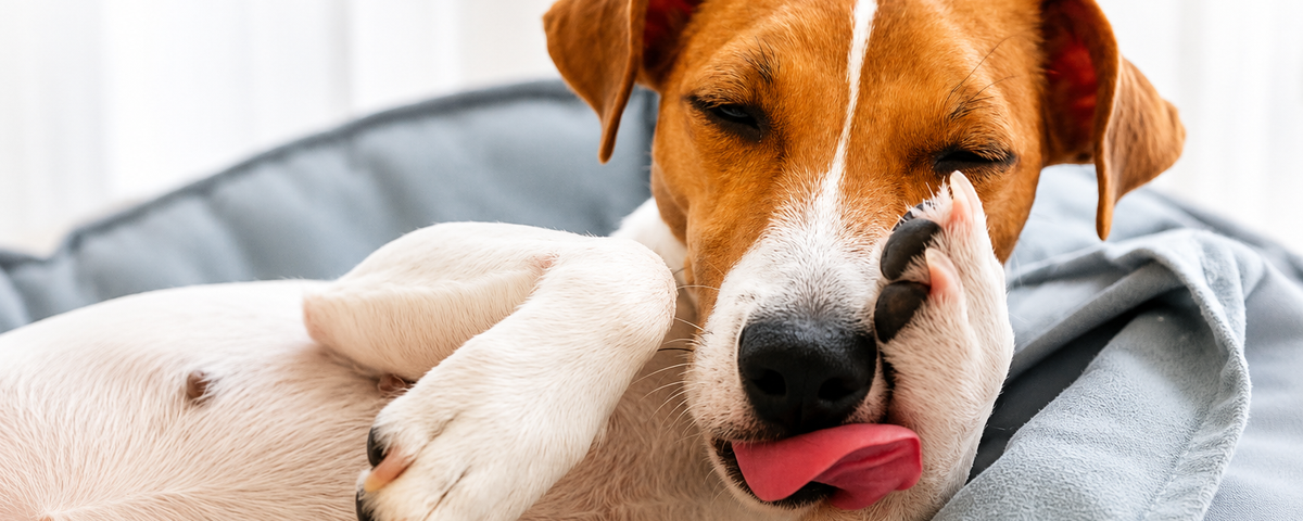 Dog licking a spot on its leg repeatedly