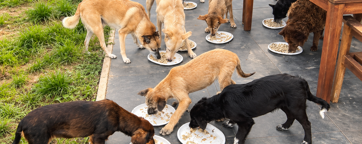 Community dogs being fed at a designated feeding spot