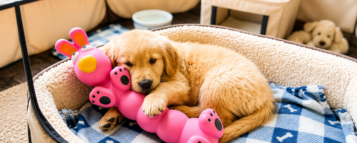 Dog nesting with toys during a false pregnancy episode