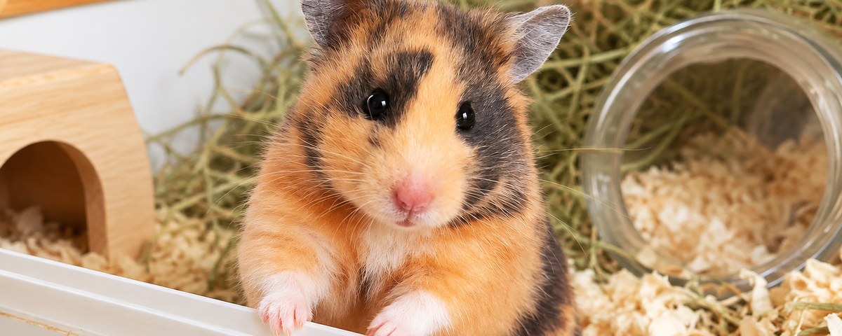 Hamster in its enclosure with bedding and a wheel