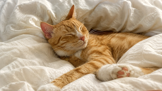 Cat purring while curled up in a sunny spot