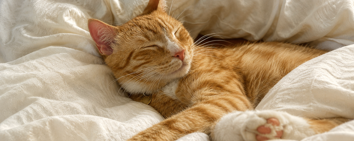 Cat purring while curled up in a sunny spot