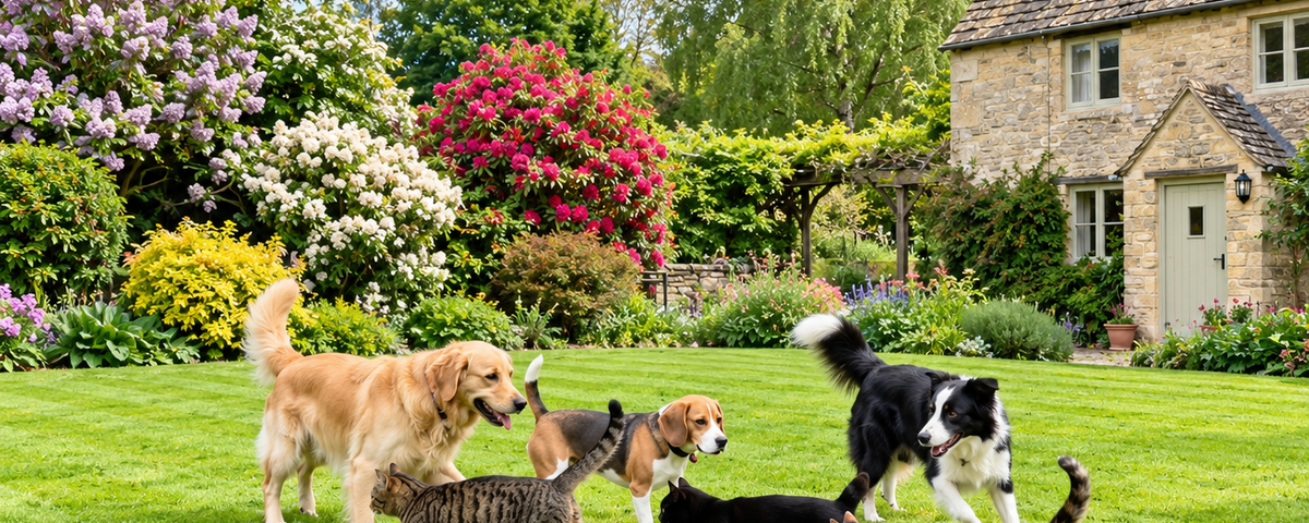 Cat, dog, rabbit, and bird together in a small apartment setting