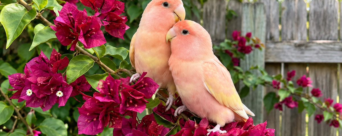 Budgie, cockatiel, and lovebird perched together