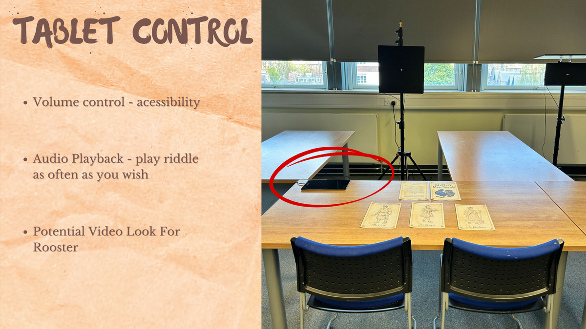 Table and chairs set up with directional speaker pointing towards the chairs. The tablet is circled to highlight its purpose