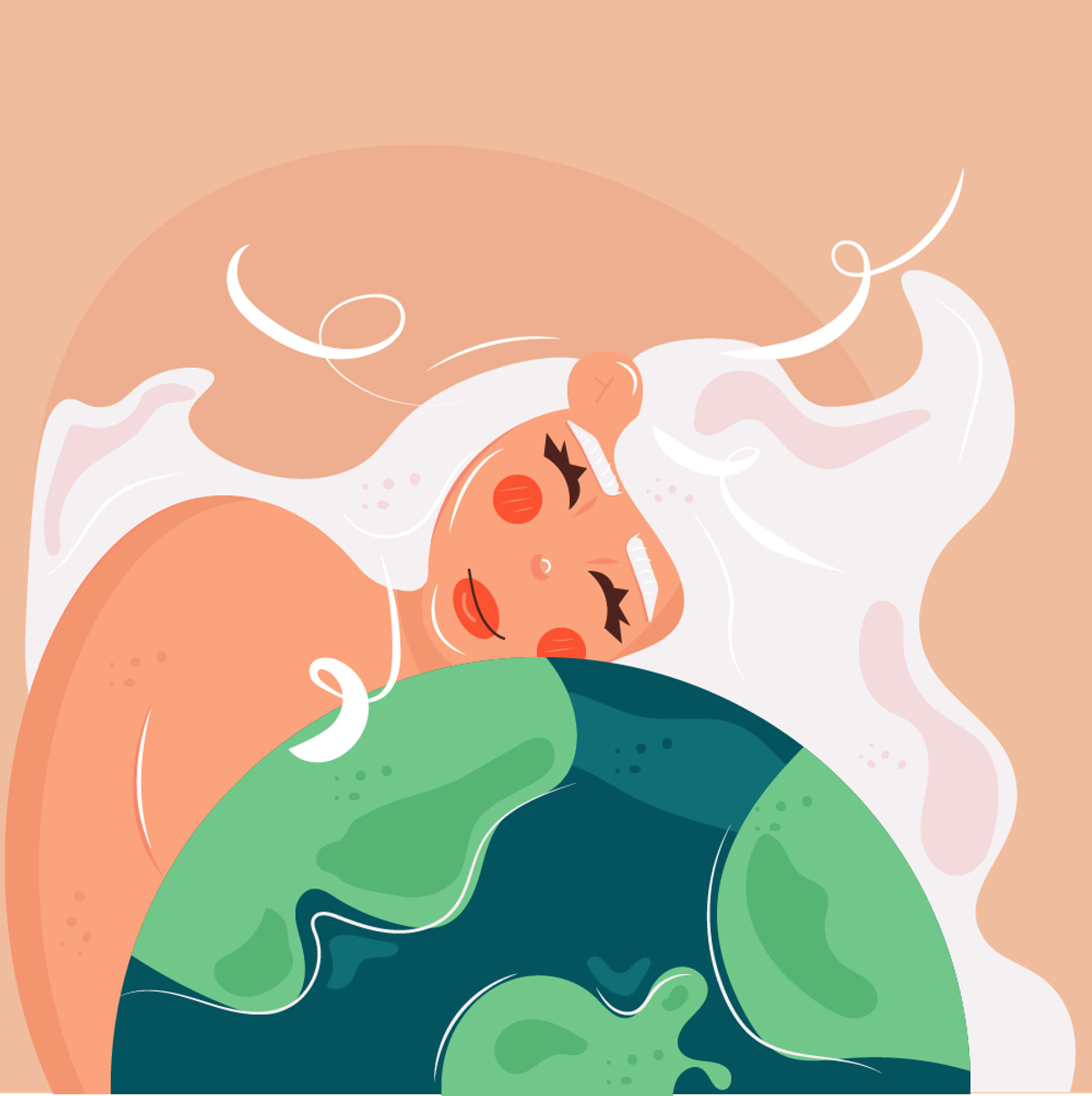 An illustration of a female with white wavy hair with her head resting on top of earth