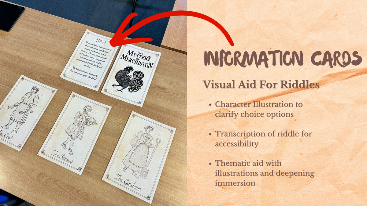 Printed material showing a visual aid for the riddles and visual character cards of a gardener, a cook, and a servent