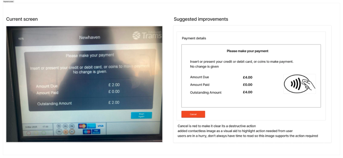 A comparison of the real tram screen on the left and a suggested improvements screen on the right