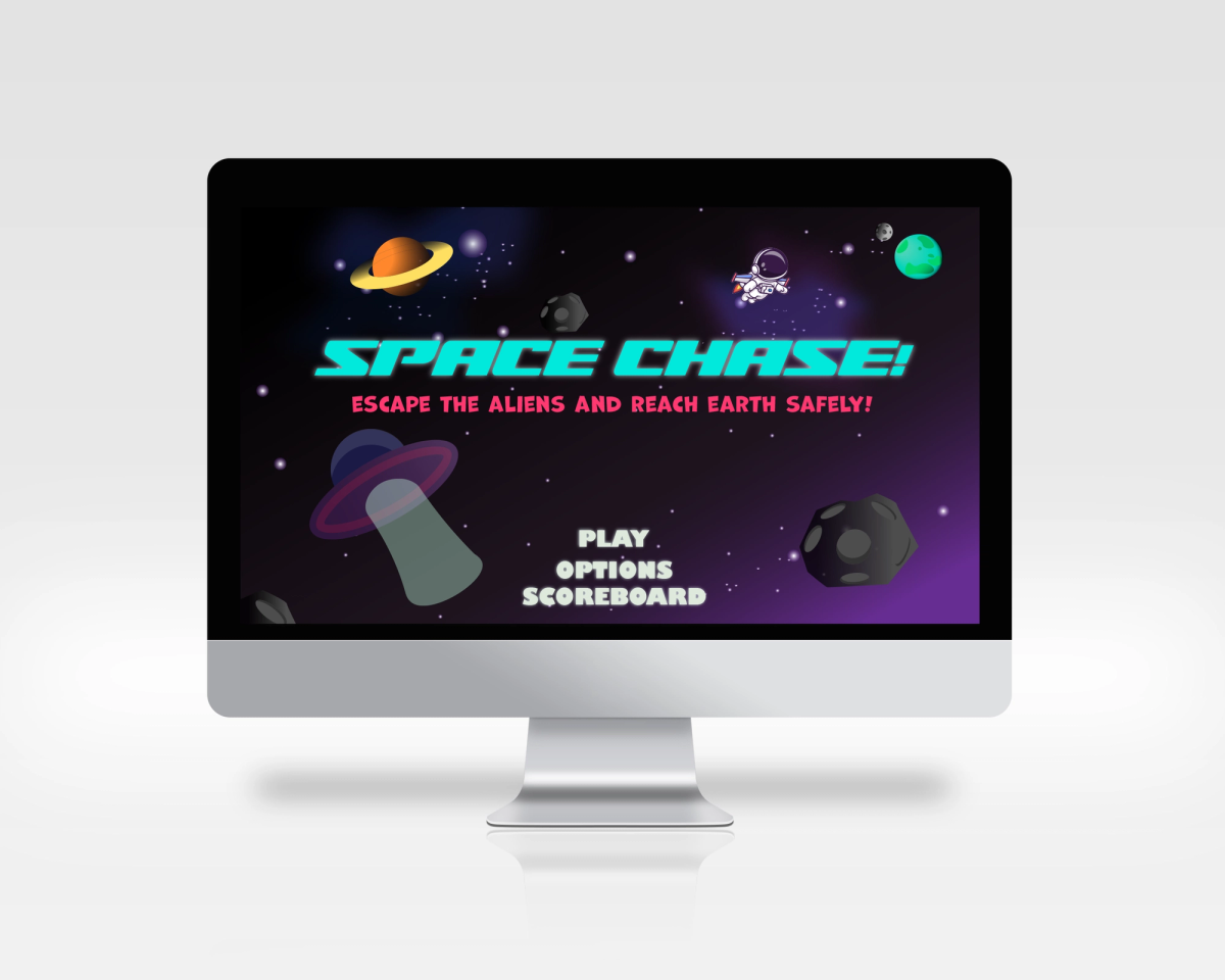 A desktop computer displaying the home screen of a space-themed game called Space Chase, featuring planets, asteroids, and a UFO with Play, Options, and Scoreboard buttons.