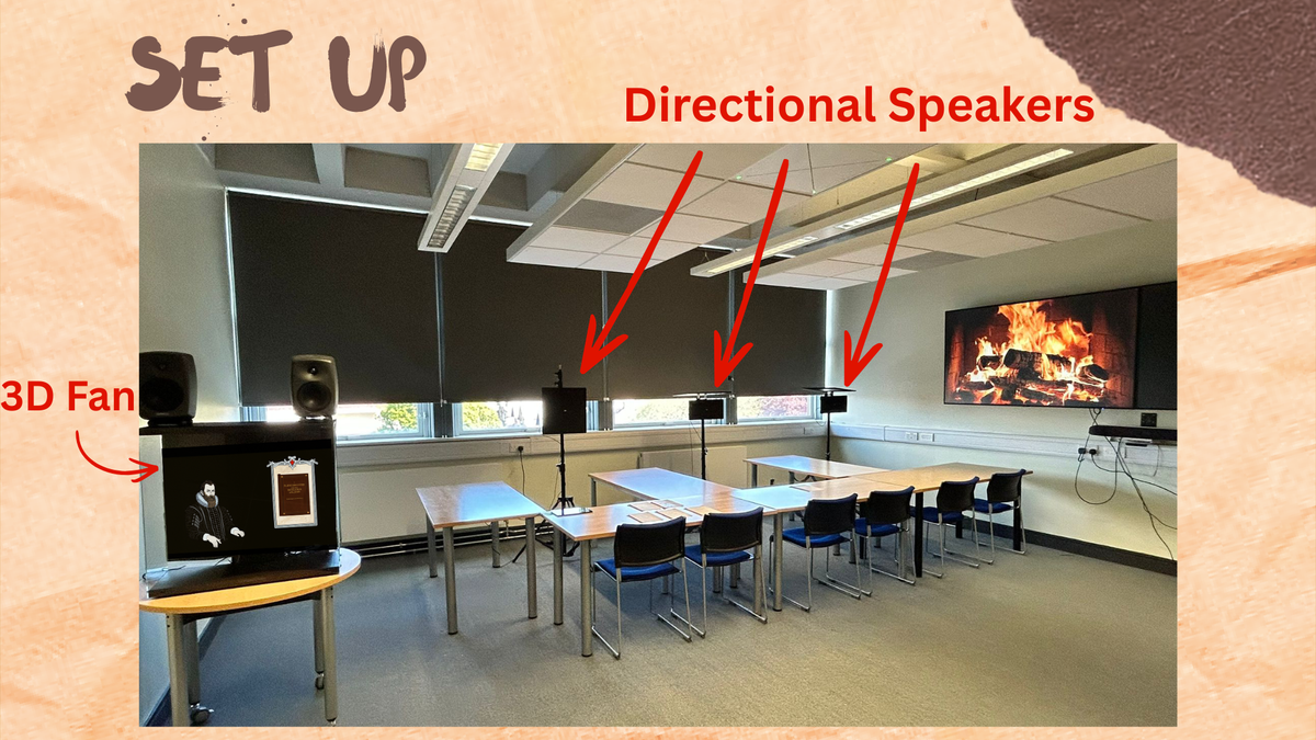 A room with tables and chairs. there are directional speakers pointing towards the chairs. there is a 3d fan to the left of the room and a tv playing a live fire clip.